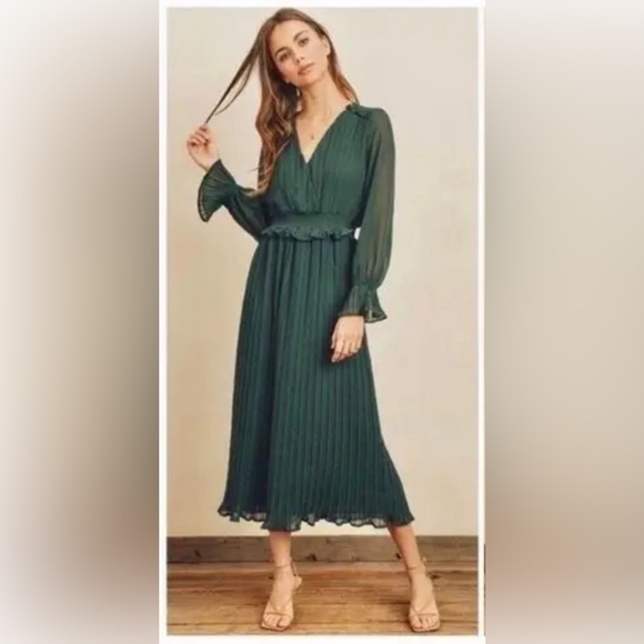 ZARA Chiffon Pleated Midi Dress Green Size S Vneck Sheer Balloon Sleeve - Picture 1 of 4